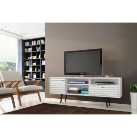 Manhattan Comfort Liberty 70.86" Mid-Century Modern TV Stand with 4 Shelving Spaces and 1 Drawer in White with Solid Wood Legs