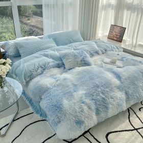 Milk Fiber Winter Mink Fur Bed Four-piece Long Wool Quilt Cover Coral Velvet Double-sided Plush Fleece-lined Quilted Bed Skirt Princess Style (Option: Colorful Sky Blue-120cm Bed)