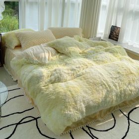 Milk Fiber Winter Mink Fur Bed Four-piece Long Wool Quilt Cover Coral Velvet Double-sided Plush Fleece-lined Quilted Bed Skirt Princess Style (Option: Yellow And white-120cm Bed)