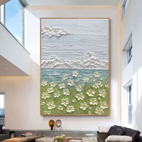 Hand Painted Oil Painting Abstract Art Small White Flower Ocean Landscape Painting Nursery Decor Kids Wall Art Textured Art Palette Knife painting (size: 150x220cm)