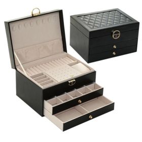 Jewelry Box for Women 3 Layer Girls Jewelry Organizer Box with 2 Drawers for Ring Necklace Bracelet Earring (Color: Black)