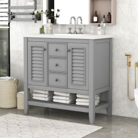 36" Bathroom Vanity with Ceramic Basin, Two Cabinets and Drawers, Open Shelf, Solid Wood Frame (Color: grey)