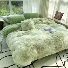 Milk Fiber Winter Mink Fur Bed Four-piece Long Wool Quilt Cover Coral Velvet Double-sided Plush Fleece-lined Quilted Bed Skirt Princess Style (Option: Colorful Green-120cm Bed)