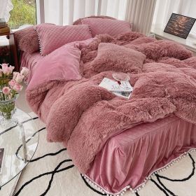 Milk Fiber Winter Mink Fur Bed Four-piece Long Wool Quilt Cover Coral Velvet Double-sided Plush Fleece-lined Quilted Bed Skirt Princess Style (Option: Red And Brown-200CM Bed B)