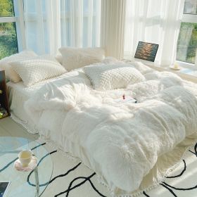 Milk Fiber Winter Mink Fur Bed Four-piece Long Wool Quilt Cover Coral Velvet Double-sided Plush Fleece-lined Quilted Bed Skirt Princess Style (Option: White-180CM Bed B)