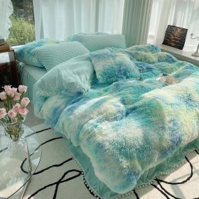 Milk Fiber Winter Mink Fur Bed Four-piece Long Wool Quilt Cover Coral Velvet Double-sided Plush Fleece-lined Quilted Bed Skirt Princess Style (Option: Blue And Green-200CM Bed A)