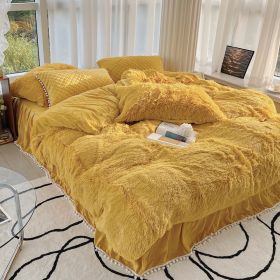 Milk Fiber Winter Mink Fur Bed Four-piece Long Wool Quilt Cover Coral Velvet Double-sided Plush Fleece-lined Quilted Bed Skirt Princess Style (Option: Yellow-180CM Bed B)
