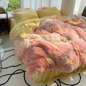 Milk Fiber Winter Mink Fur Bed Four-piece Long Wool Quilt Cover Coral Velvet Double-sided Plush Fleece-lined Quilted Bed Skirt Princess Style (Option: Reddish vellow-200CM Bed B)
