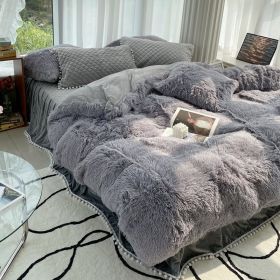 Milk Fiber Winter Mink Fur Bed Four-piece Long Wool Quilt Cover Coral Velvet Double-sided Plush Fleece-lined Quilted Bed Skirt Princess Style (Option: Gray-180CM Bed B)